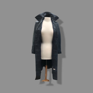 70’s Spy Trench Leather Coat with Removable Shearling Collar Dark Blue