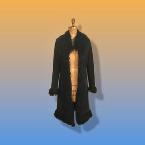 70’s 80’s Vintage Black Suede Coat Mongolian Curly Lamb Penny Lane Boho Long