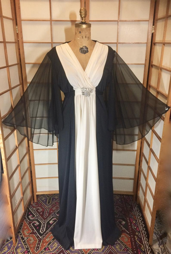 70s Angel Wing Maxi Dress--Empire Waist Black and White Piano Keys Dress, Flare Sleeves L/XL Hippy Boho Dress Bell Sleeve