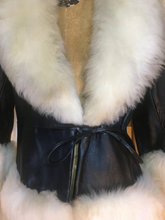 Load image into Gallery viewer, 60s Mod Black Leather Coat and White Sheep Shearling Princess XS/S Penny Lane Almost Famous Boho Mod