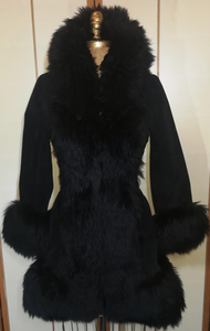Lilli Ann London 70s Black Suede Shearling Lamb Almost Famous Fit and Flare Russian Princess Petite Penny Lane Coat Small