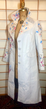 Load image into Gallery viewer, Floral White Leather Trench Spy Coat--Embroidered Floral Bird Pastel Design, Leather Spy Trench Fit Flare Penny Lane Twiggy Afghan M/L