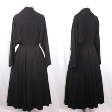 Load image into Gallery viewer, Black Wool Princess Fit and Flare 1940s 1950s Fit and Flare Coat Dress Post World War II Medium Rhinestone Crystal Button New Look reserved for Elizabeth