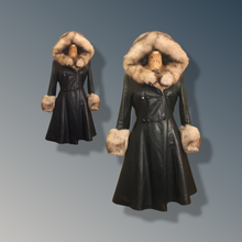 Load image into Gallery viewer, Vintage 70’s Leather Coat with Fox Fur Hood and Cuff Trim Princess Full Flare Skirt Rare OOAK 36/38 Bust Sargent Pepper Double Breasted