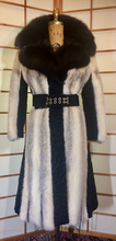 Load image into Gallery viewer, Russian Princess Piano Key Coat! Cross Mink, Fox, and Swakara Astrakhan Lamb Black and White Piano Keys Belted Mod Fur Coat Penny Lane S/M