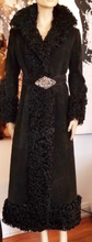 Load image into Gallery viewer, Black Suede Leather Curly Lamb Mongolian Penny Lane Almost Famous Hippy Shearling Russian Princess Coat S/M Full Length Long