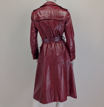 Load image into Gallery viewer, 70s Leather Trench Spy Coat Burgundy Maroon Oxblood Detailed Insulated S/M Sears