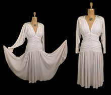 Load image into Gallery viewer, 80’s does 20’s Art Deco Chiffon Beaded Dress in Pearl Gray Fitted Waist full skirt