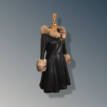 Load image into Gallery viewer, Vintage 70’s Leather Coat with Fox Fur Hood and Cuff Trim Princess Full Flare Skirt Rare OOAK 36/38 Bust Sargent Pepper Double Breasted
