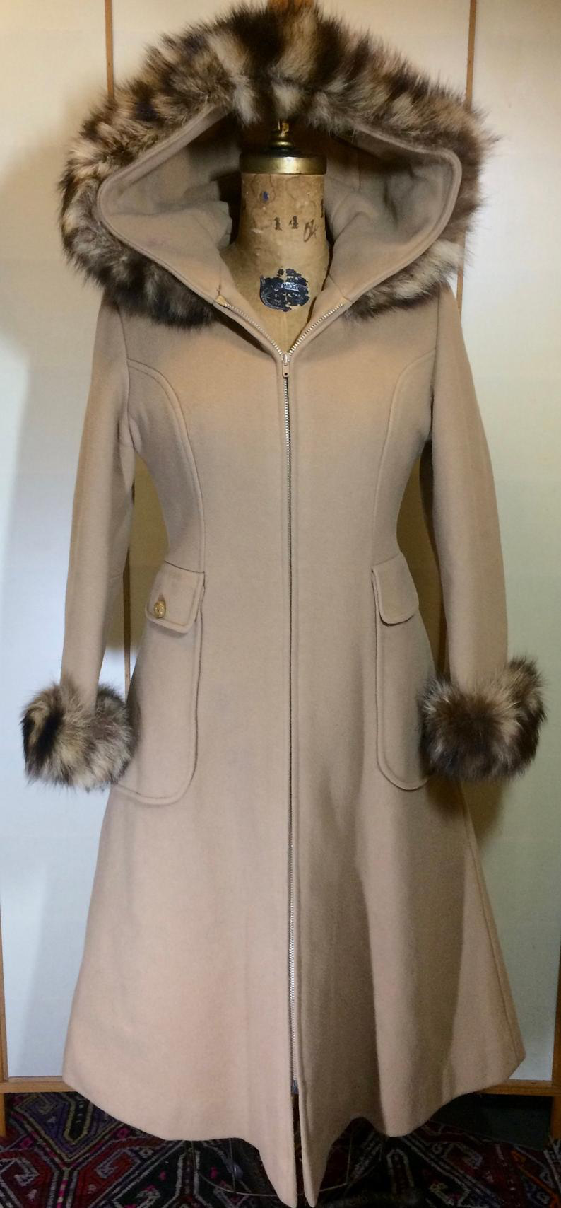 60s 70s Hooded Camel Coat with fox Fur Tiger Striped S Princess Fit and Flare Boho Mod hIPPY Russian Princess Penny Lane Almost Famous