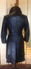 Load image into Gallery viewer, 60s Black Leather Mod Coat- Chic Minimalist Belt Belted Gold Buttons Fit Flare Jackie Kennedy Chic Soft Leather XS S Petite