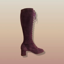 Load image into Gallery viewer, 70’s Purple Suede Gogo Hippy Boho Embroided Boots Rare size7.5/8 Lace Up Floral