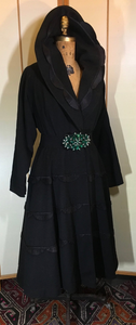 50s Fit and Flare Princess Wool Black Coat Scalloped Satin Pinup New Look S