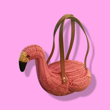 Load image into Gallery viewer, Flamingo Deadstock Wicker Coral Pink Weaved Bag with Leather Strap Basket Purse Picnic Basket