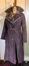 Load image into Gallery viewer, 70s Suede Sheepskin Shearling Saks Fifth Ave Brown Penny Lane Coat Princess Fit and Flare Almost Famous Small Medium Boho Hippy Bohemian