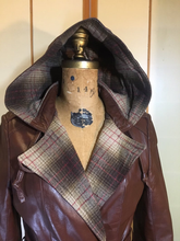 Load image into Gallery viewer, 70s Leather Hooded Coat Spy Plaid Trench Boho Chic M/L