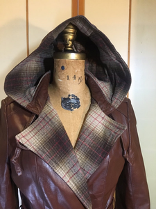 70s Leather Hooded Coat Spy Plaid Trench Boho Chic M/L