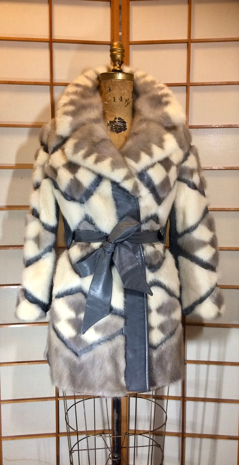 60S Mod Mink Geometric Coat/ Patchwork Mosaic Mink Leather Fur Tourmaline Jacket Grey and White Fur S,M