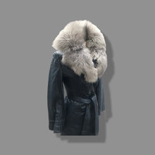 Load image into Gallery viewer, 70’s Spy Trench Leather Coat with Removable Shearling Collar Dark Blue