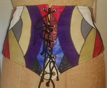 Load image into Gallery viewer, Leather Vintage Patchwork Cinch Corset Belt 70s Purple Red Blue Color Block Mosaic Small Extra Small Goth Hippy medium