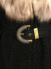 Load image into Gallery viewer, 60’s Vintage Black Karakul Persian Lamb and Silver Fox Fur Princess Coat Fit Flare Swarovski Crystal Belt