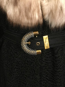 60’s Vintage Black Karakul Persian Lamb and Silver Fox Fur Princess Coat Fit Flare Swarovski Crystal Belt