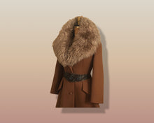 Load image into Gallery viewer, 60’s Caramel Lilli Ann Shearling Fit and Flare Princess Coat with Belt Clutch Purse Set Beaded