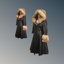 Load image into Gallery viewer, Vintage 70’s Leather Coat with Fox Fur Hood and Cuff Trim Princess Full Flare Skirt Rare OOAK 36/38 Bust Sargent Pepper Double Breasted