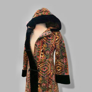 60’s 70’s Vintage Carpet Coat Needlepoint Hooded Sherpa Trim Fit and Flare