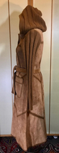 Load image into Gallery viewer, 70s Suede Hooded Coat Knitted Trench Duster Sweater Coat Medieval Hippy Boho Princess Tan Brown S/M Burning Man