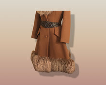 Load image into Gallery viewer, 60’s Caramel Lilli Ann Shearling Fit and Flare Princess Coat with Belt Clutch Purse Set Beaded