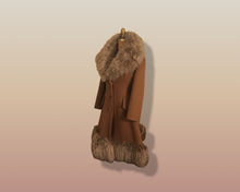 Load image into Gallery viewer, 60’s Caramel Lilli Ann Shearling Fit and Flare Princess Coat with Belt Clutch Purse Set Beaded