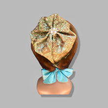 Load image into Gallery viewer, Whiskey Mink Himalayan Hat Fur Embroidered Light Blue Green Golden Embroidered Silk