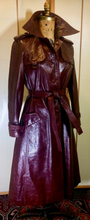 Load image into Gallery viewer, Vintage 70s Leather Coat Spy Trench Belted Fit and Flare Burgundy Oxblood Maroon Reddish Brown S/M