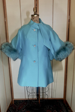 Load image into Gallery viewer, 60s Mod Lilli Ann Cape Flare Bell Sleeve Turquoise Dyed Blue Aqua Norwegian Fox Fur Rhinestone Short Dress Coat Made Men Jackie Kennedy