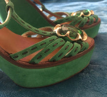 Load image into Gallery viewer, Vintage 70s Style_Early 2000&#39;s Designer Green Suede Marc Jacobs Size 6 EU 36 Made in Italy Jeweled Strappy Platform Pinup Sandals 5&quot; High