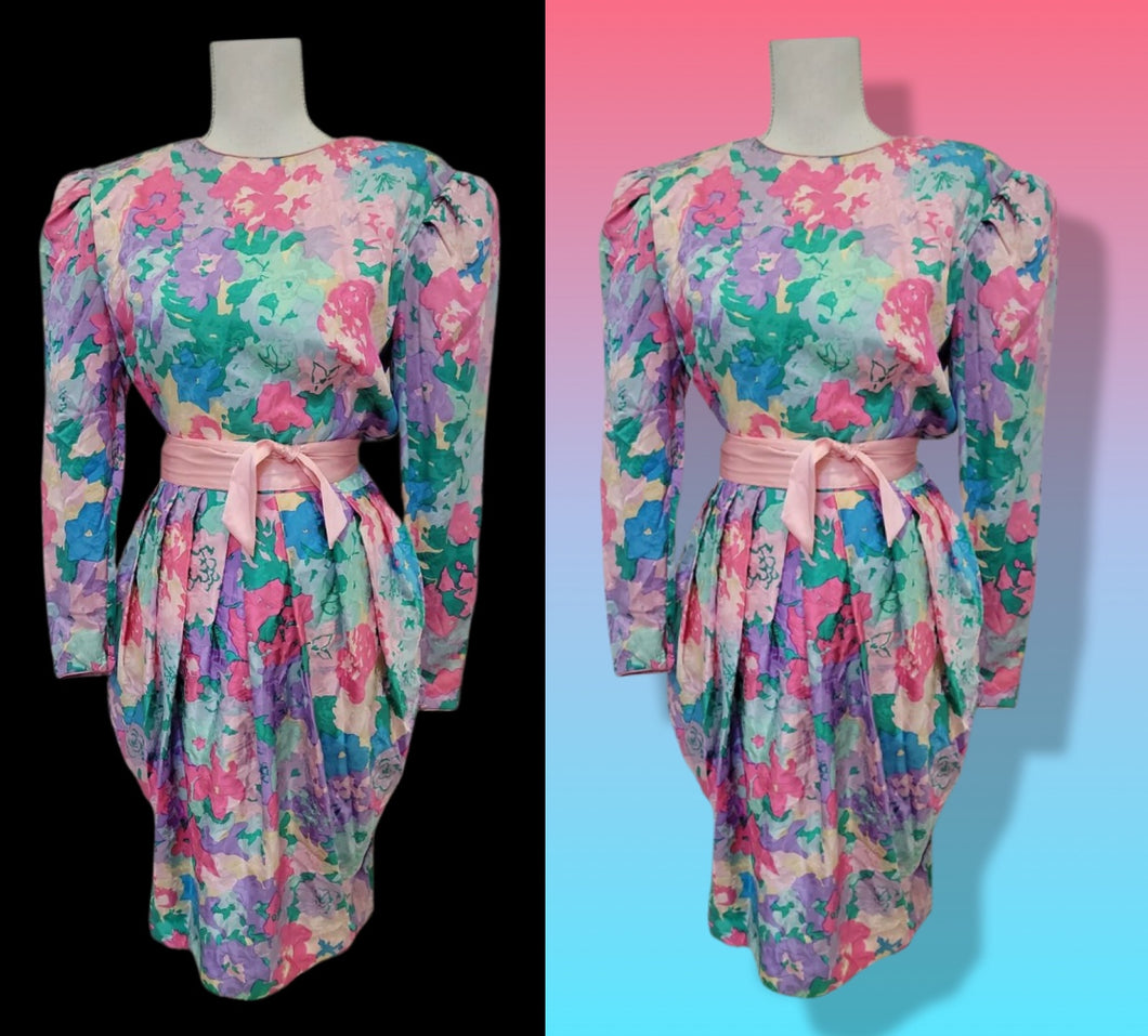 Floral 80’s Dress Silk Pink Blue  Puff Sleeve Pastel Ruched