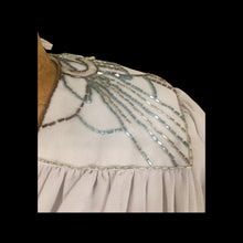 Load image into Gallery viewer, 80’s does 20’s Art Deco Chiffon Beaded Dress in Pearl Gray Fitted Waist full skirt