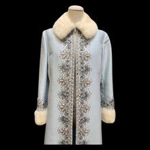 Load image into Gallery viewer, 60’s “Jackie Kennedy Style” Full length Opera Gown Coat in Light Blue Hand Beaded Crystal and Ermine Mink Trim