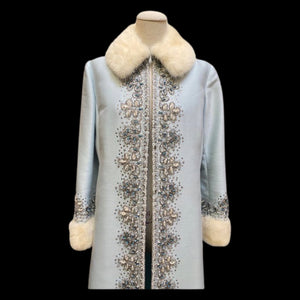 60’s “Jackie Kennedy Style” Full length Opera Gown Coat in Light Blue Hand Beaded Crystal and Ermine Mink Trim