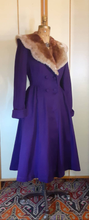 Load image into Gallery viewer, Women&#39;s Vintage Coat- 40s Royal Purple Wool Princess Fit and Flare Double Breasted Sheared Ombre Fur Collar Film Noir Pinup