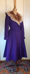 Women's Vintage Coat- 40s Royal Purple Wool Princess Fit and Flare Double Breasted Sheared Ombre Fur Collar Film Noir Pinup