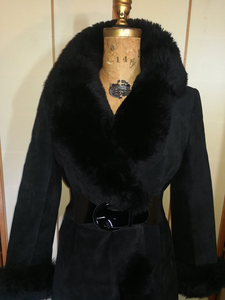 Black Suede 70s Shearling Leather Penny Lane Coat Almost Famous S/M Mid Length Boho Goth Hippy Princess