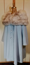 Load image into Gallery viewer, Winter is Coming--Massive Silver Norwegian Fox Fur Collar and Powder Ice Baby Blue Wool Swing Coat 50s 60s Pinup Medieval Glamour Hollywood