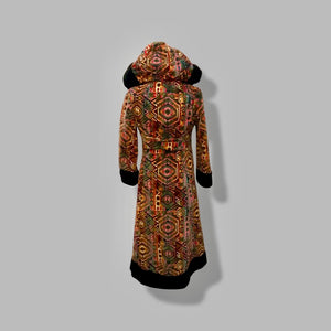 60’s 70’s Vintage Carpet Coat Needlepoint Hooded Sherpa Trim Fit and Flare