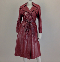 Load image into Gallery viewer, 70s Leather Trench Spy Coat Burgundy Maroon Oxblood Detailed Insulated S/M Sears