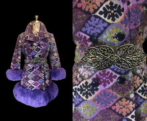 60’s Purple Tapestry Carpet Coat Purple Shearling Mod Boho Penny Lane