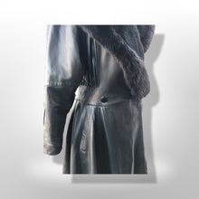 Load image into Gallery viewer, Black Lamb Leather Princess Coat Couture Made in France Massive Shearling Fox Collar