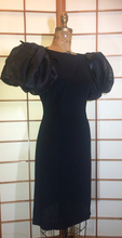 Load image into Gallery viewer, Neiman Marcus Wiggle Dress Rhinestone Puff Sleeve Bow Little Black Dress Mad Men M/L