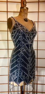 80s Beaded Fringe Dress Flapper Body Con Mini Tight Intricate Dress Balmain Style S/XS Made in Italy